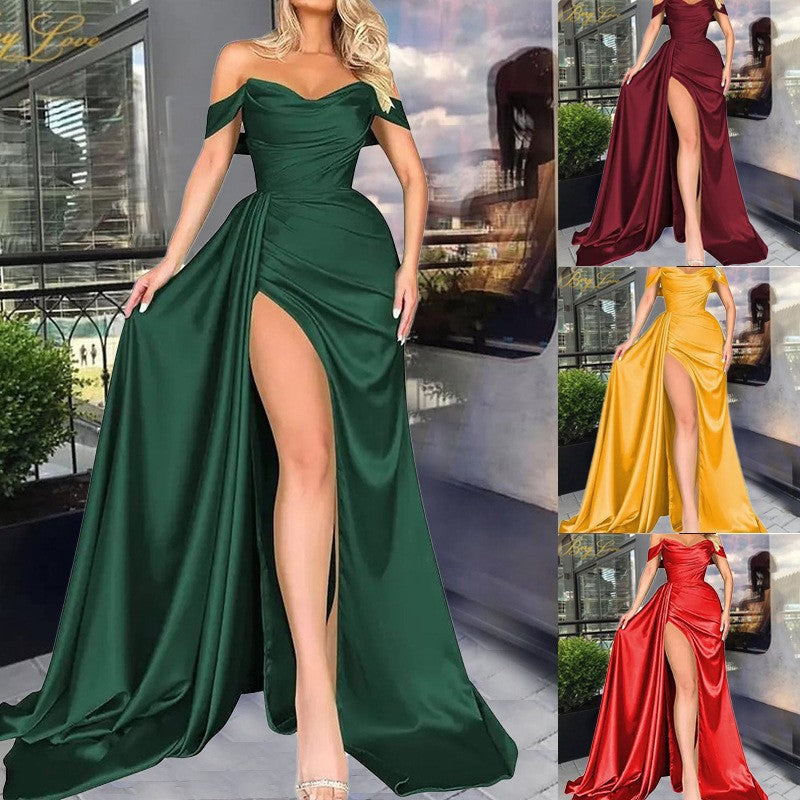 2025 Direct Sales Cross-Border Foreign Trade Banquet High Slit Sexy Host One-Shoulder Slimming Party Evening Dress