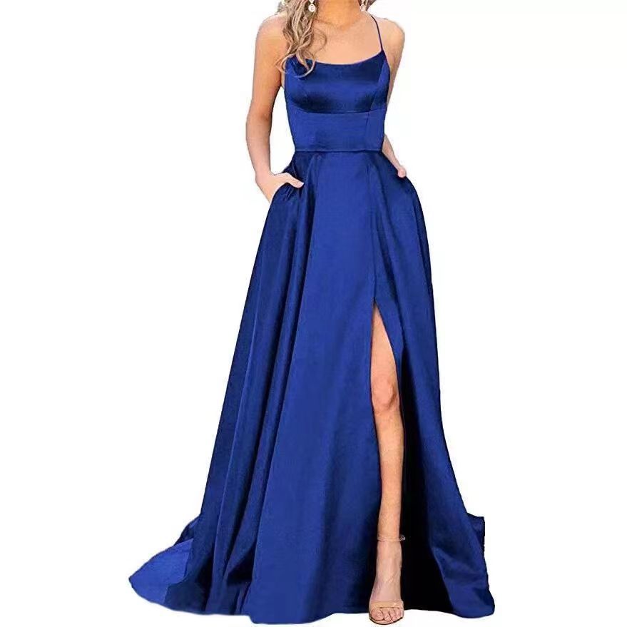 2023 Amazon European and American cross-border new bridesmaid dress long dress small tail strap solid color banquet evening dress