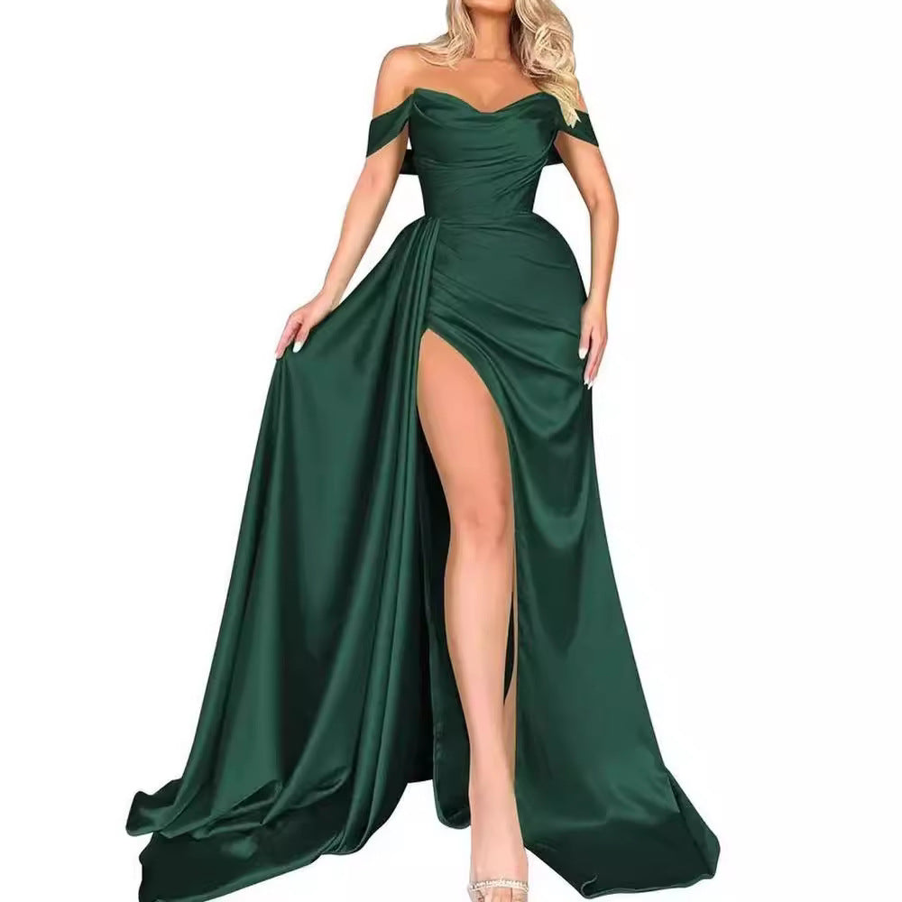 2025 Direct Sales Cross-Border Foreign Trade Banquet High Slit Sexy Host One-Shoulder Slimming Party Evening Dress