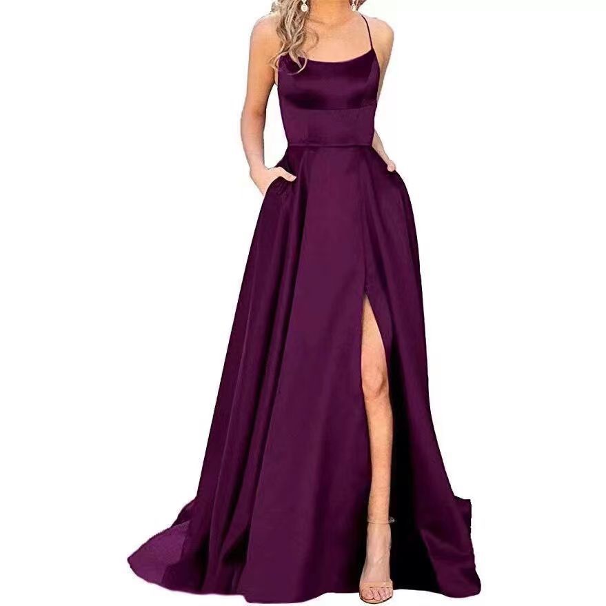 2023 Amazon European and American cross-border new bridesmaid dress long dress small tail strap solid color banquet evening dress