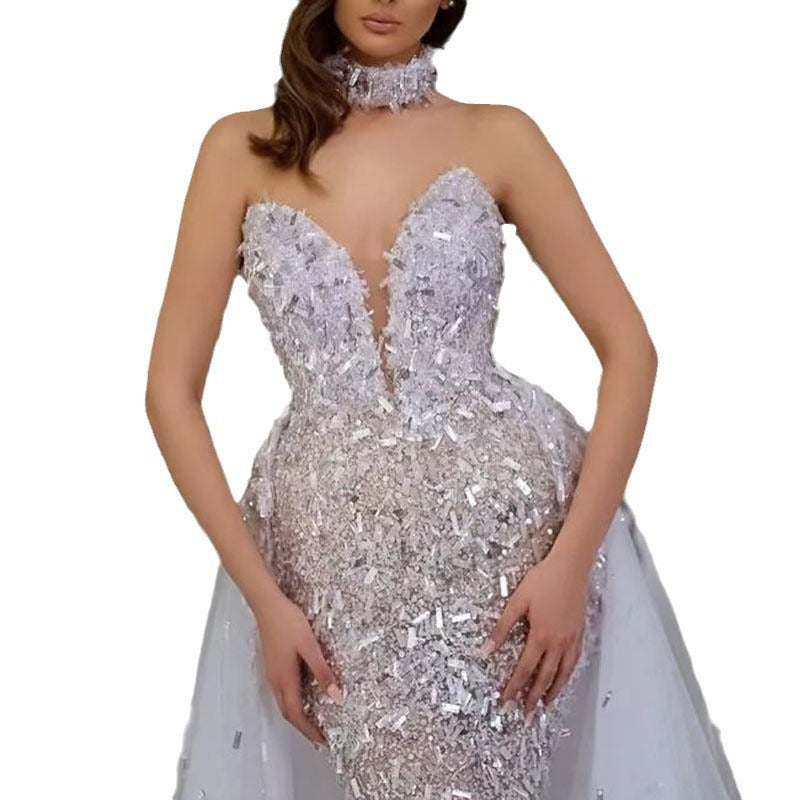 2025 Cross-Border Spring and Summer New Sexy Dress Sequined Fishtail V Neck Sleeveless Long Elegant Banquet Evening Dress