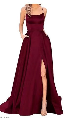 2023 Amazon European and American cross-border new bridesmaid dress long dress small tail strap solid color banquet evening dress