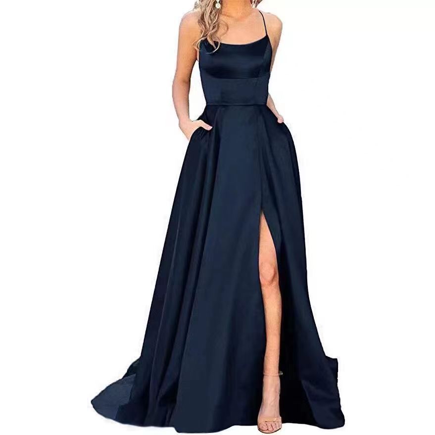 2023 Amazon European and American cross-border new bridesmaid dress long dress small tail strap solid color banquet evening dress