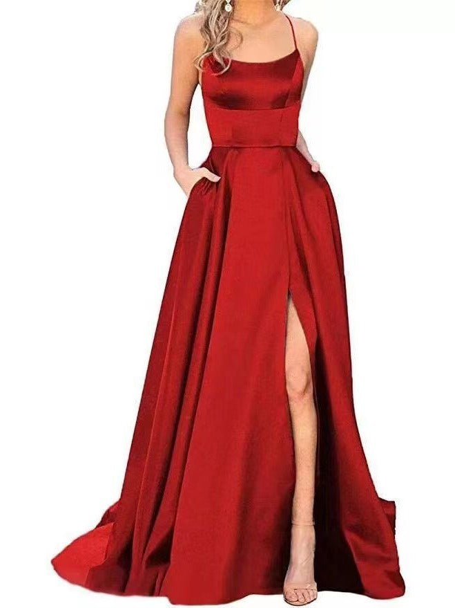 2023 Amazon European and American cross-border new bridesmaid dress long dress small tail strap solid color banquet evening dress