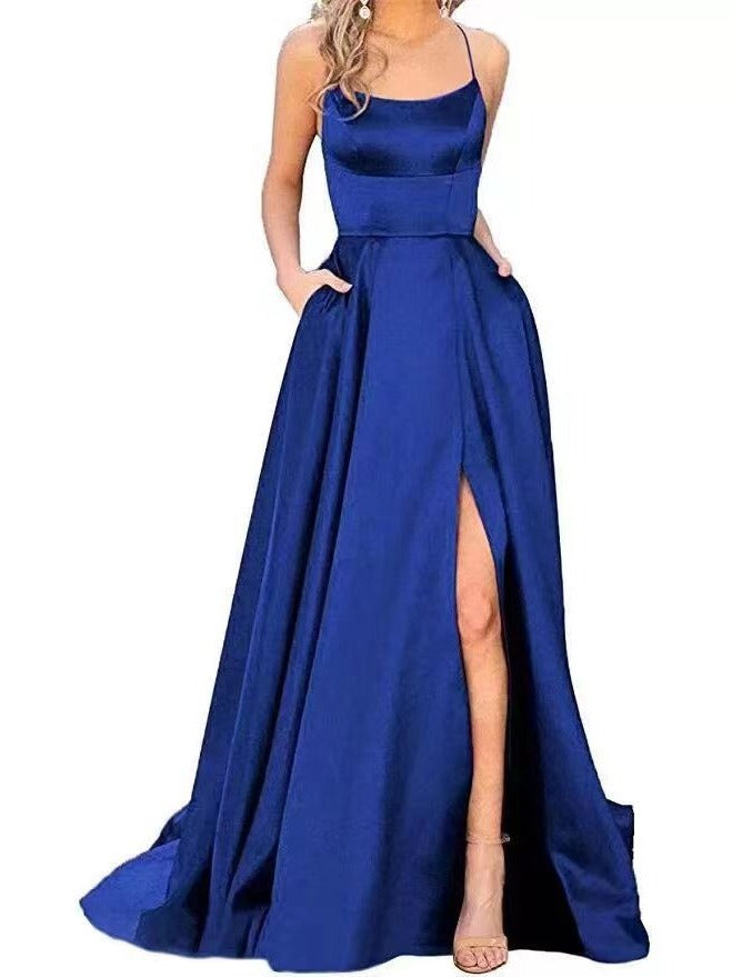 2023 Amazon European and American cross-border new bridesmaid dress long dress small tail strap solid color banquet evening dress