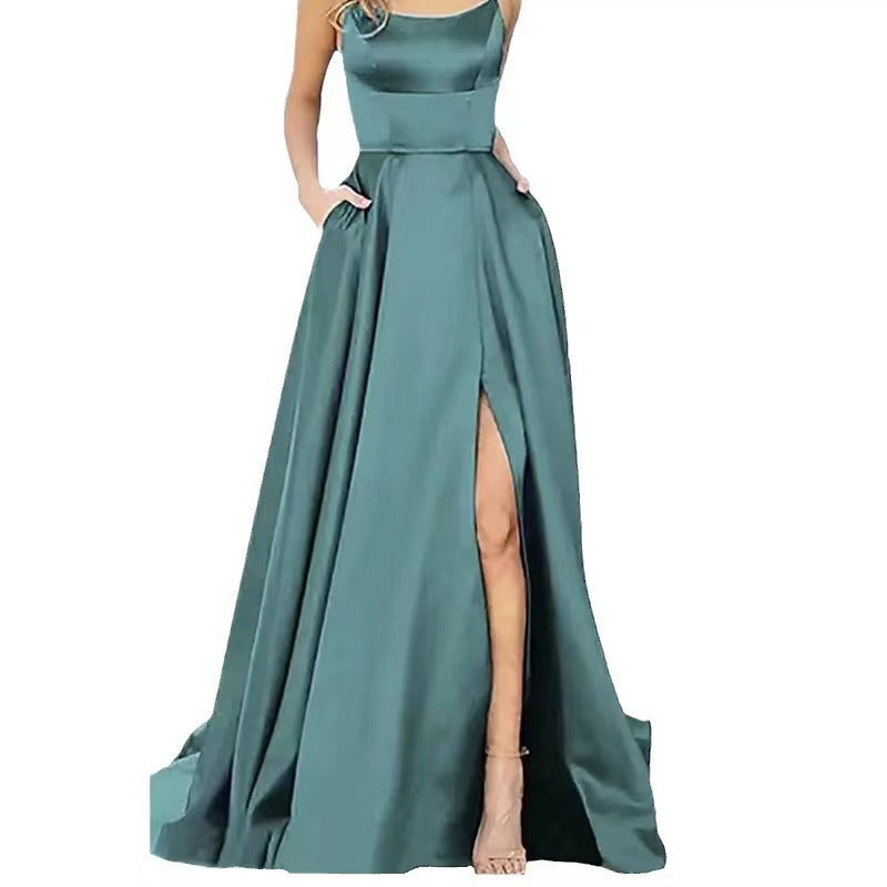 2023 Amazon European and American cross-border new bridesmaid dress long dress small tail strap solid color banquet evening dress