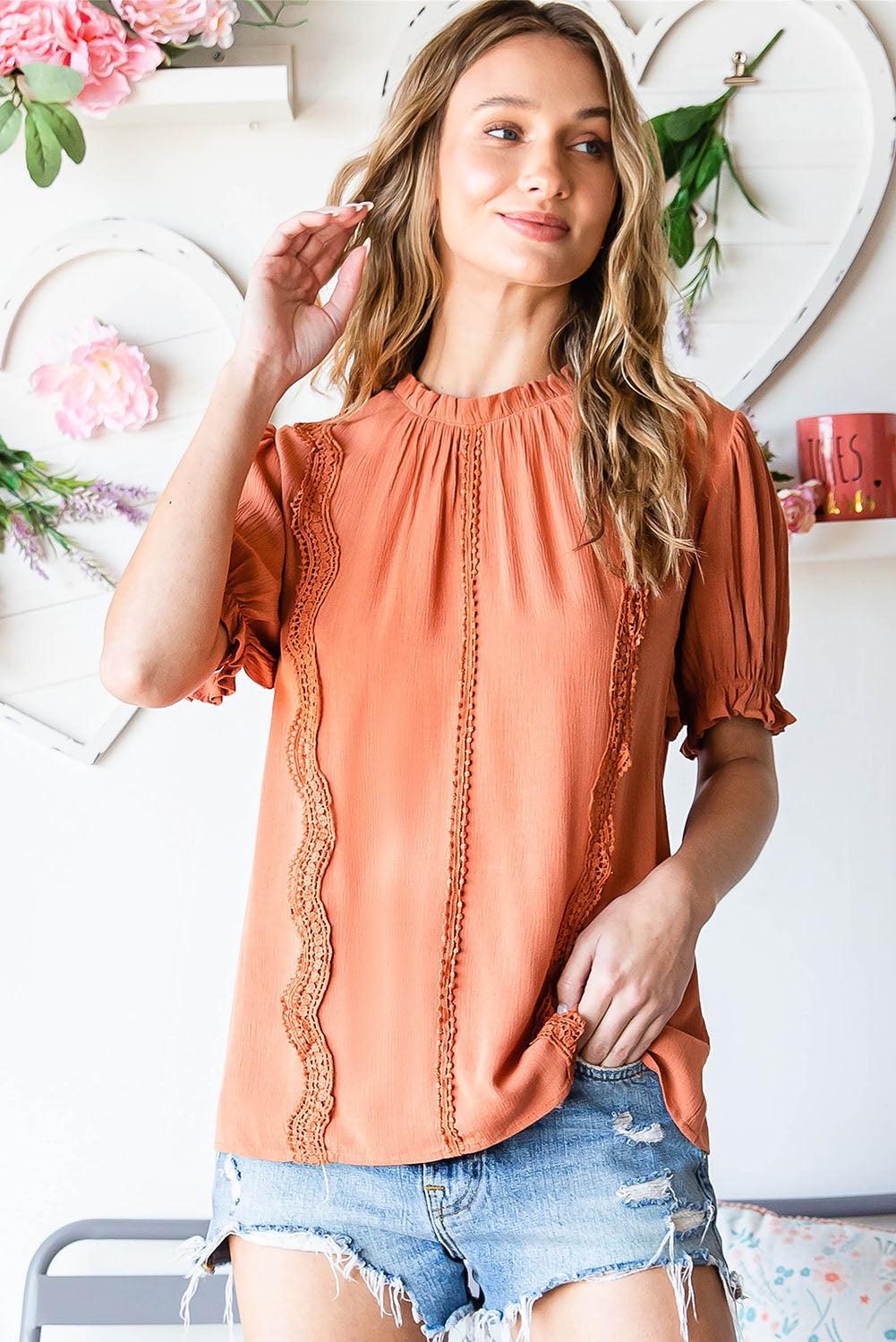 Brown Crochet Frilled Neck Puff Sleeve Blouse